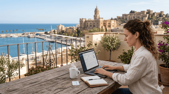 El trabajo remoto en un balcón con vista al mar y ciudad en Malta.